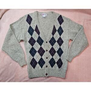 Vintage Royal Scott XL 100% Shetland Wool Argyle V-Neck Cardigan Sweater